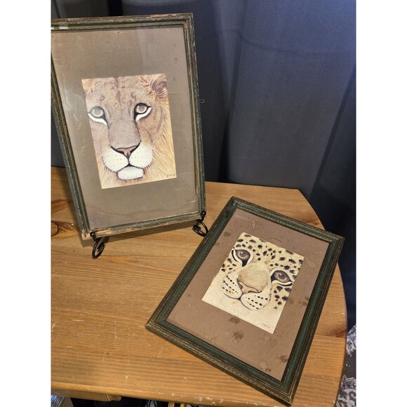 Framed Art By K TROWER, Lion & Cheetah Vintage 70s 80s - Picture 1 of 13